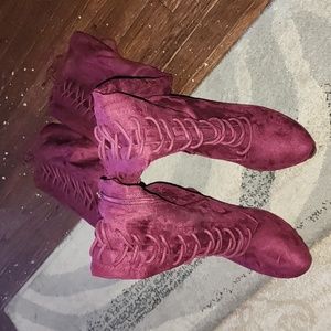 Burgundy lace up thigh highs